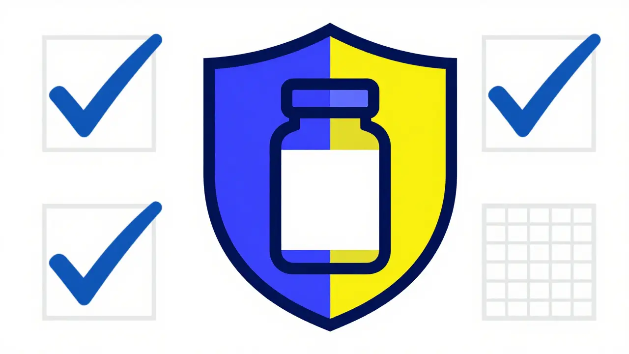 Illustrazione Bauhaus con scudo geometrico che simboleggia la sicurezza nell'acquisto di farmaci online