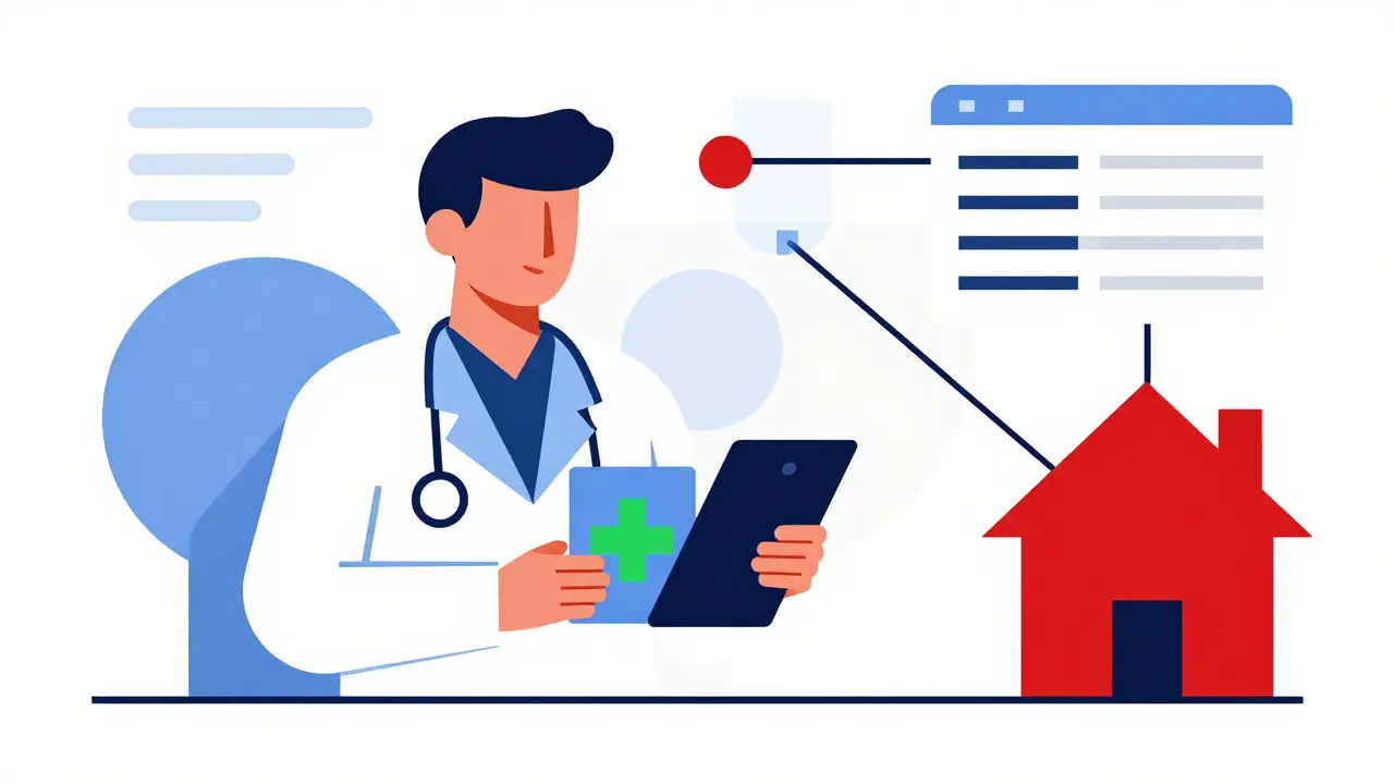 Illustrazione geometrica di telemedicina e prescrizione digitale con croce verde