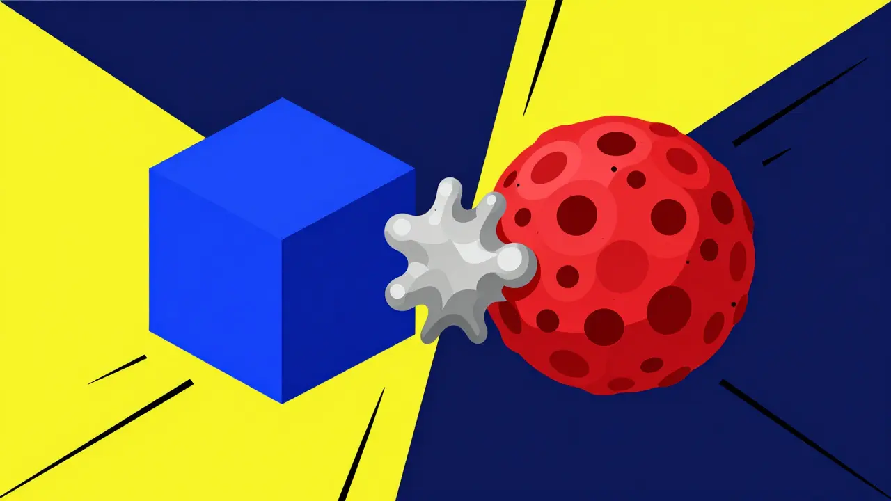 Interazione chimica astratta tra cubo blu e sfera rossa porosa