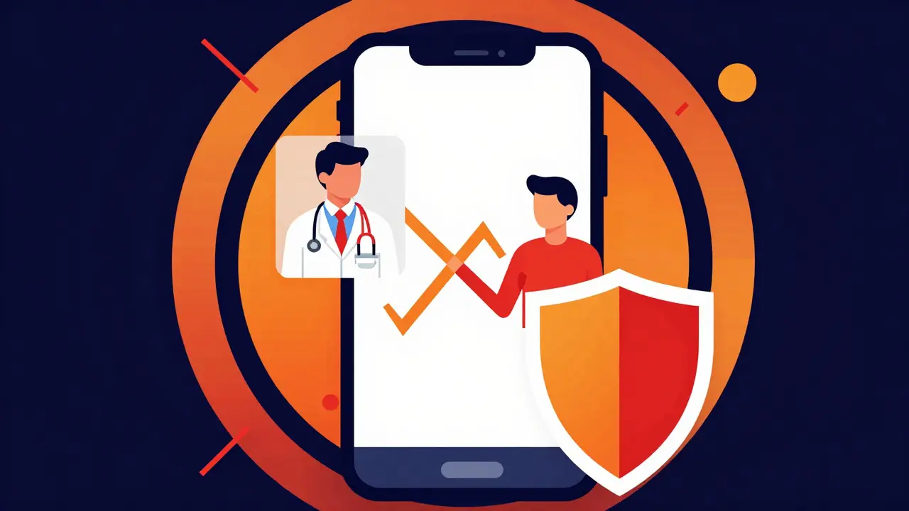 Telemedicina e farmacia sicura illustrate con icone geometriche e colori primari