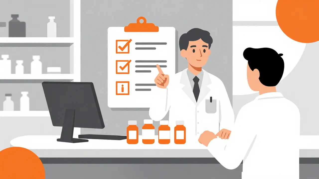 Farmacista e paziente esaminano farmaci con icone geometriche per la sicurezza in stile Bauhaus.