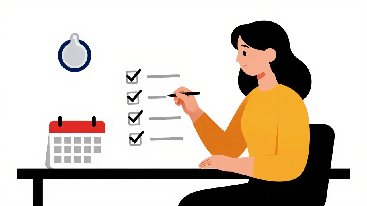 Illustrazione Bauhaus: donna al tavolo con checklist e icone contraccettive minimaliste