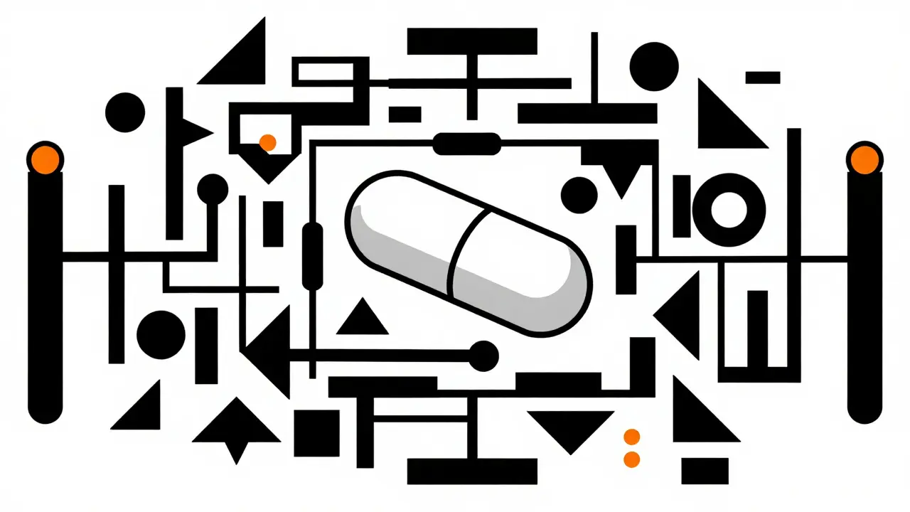 Labirinto di forme geometriche che rappresentano le siepi di brevetti farmaceutici