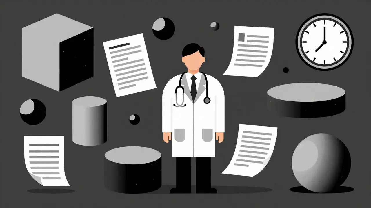 Stile Bauhaus: medico sopraffatto da forme geometriche che rappresentano la burocrazia